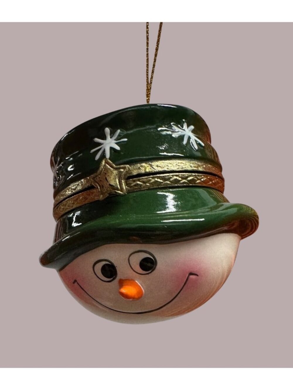 Porcelain Snowman Ornament With Green Hat & Gold Star Detail Hinged Storage Comp